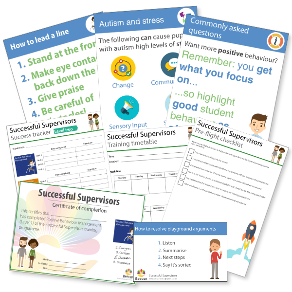 Images of success trackers, posters, certificates, timetables, lanyards and checklists